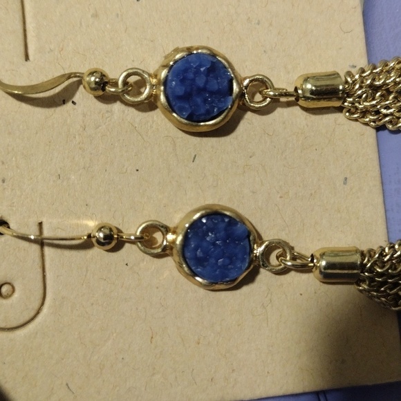 Women's Polished Gold tone Blue Circle Design Fringe Drop Dangle Earrings, 2.5" - Picture 4 of 5